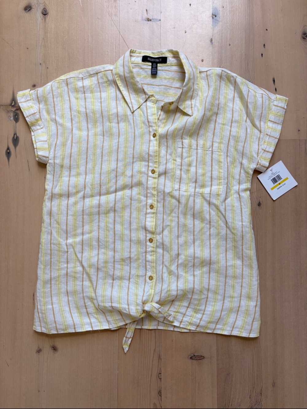 Ellen Tracy White and Yellow Striped Linen Button Down Tie Front Shirt - Medium